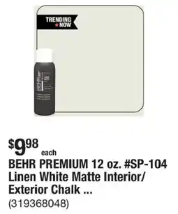 The Home Depot Behr premium linen white matte interior/exterior chalk offer