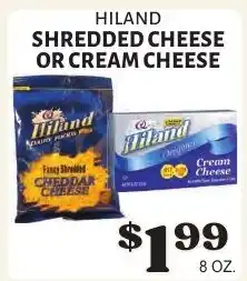 Harter House Hiland shredded cheese or cream cheese offer