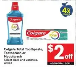 Randalls Colgate Total Toothpaste, Toothbrush or Mouthwash offer