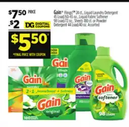 Dollar General Gain Flings , Liquid Laundry Detergent, Liquid Fabric Softener, Sheets Powder Detergent offer