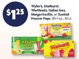 Family Dollar Wyler's, Starburst, WarHeads, Italian Ices, Margaritaville, or Sunkist Freezer Pops offer