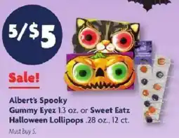 Family Dollar Albert's Spooky Gummy Eyez or Sweet Eatz Halloween Lollipops offer