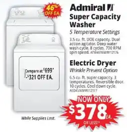 ABC Warehouse Admiral super capacity washer offer