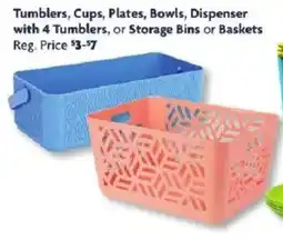 Family Dollar Tumblers, Cups, Plates, Bowls, Dispenser with 4 Tumblers, or Storage Bins or Baskets offer