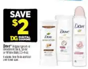 Dollar General Dove Antiperspirant or Deodorant Spray offer