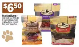 Dollar General Heartland Farms Dog Treats Sweet Potato & Chicken Wraps or Wavy Bacon Strips or Beef Jerky Sticks offer