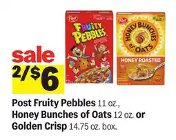 Meijer Post Fruity Pebbles 11 oz., Honey Bunches of Oats 12 oz. or Golden Crisp 14.75 oz. box offer