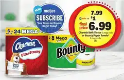 Meijer Charmin Bath Tissue 6 mega rolls or Bounty Paper Towels* 2 mega rolls. Mfr offer