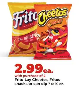 Hy-Vee Frito-Lay Cheetos, Fritos snacks or can dip offer