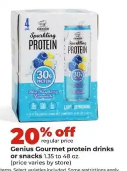 Hy-Vee Genius Gourmet protein drinks or snacks offer