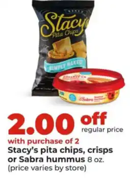Hy-Vee Stacy's pita chips, crisps or Sabra hummus offer