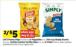 Meijer LAY’S Potato Chips or Poppables, Frito-Lay Simply Snacks, Tostitos Cantina Tortilla Chips, Fritos offer