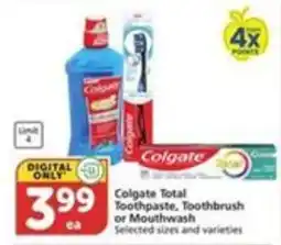 Pavilions Colgate Total Toothpaste, Toothbrush or Mouthwash offer