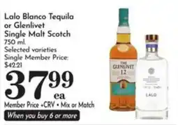 Pavilions Lalo Blanco Tequila or Glenlivet Single Malt Scotch offer
