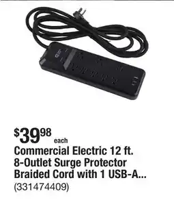 The Home Depot Commercial Electric 12 ft. 8-Outlet Surge Protector Braided Cord with 1 USB-A and 2 USB-C, Black offer