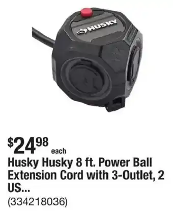 Husky 8 ft. Power Ball Extension Cord with 3-Outlet, 2 US...