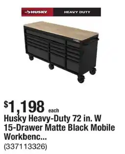 The Home Depot Husky heavy-duty 72 in. w 15-drawer matte black mobile workbenc offer