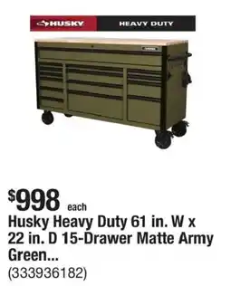 The Home Depot Husky heavy duty 15-drawer matte army green tool chest offer