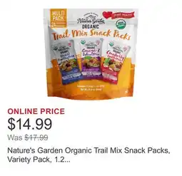 Costco Nature's Garden Organic Trail Mix Snack Packs, Variety Pack, 1.2 oz, 24-count offer