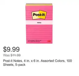 Costco Post-it Notes, 4 in. x 6 in. Assorted Colors, 100 Sheets, 5-pack offer