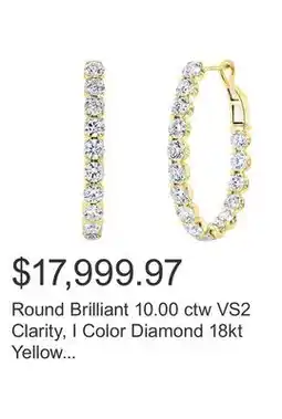 Costco Round Brilliant 10.00 ctw VS2 Clarity, I Color Diamond 18kt Yellow Gold Hoop Earrings offer