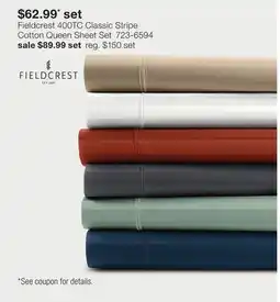 JC Penney Fieldcrest 400TC Classic Stripe Cotton Queen Sheet Set offer