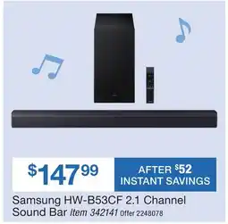 BJ’s Samsung HW-B53CF 2.1 Channel Sound Bar offer