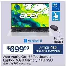 BJ’s Acer Aspire Go 16 Touchscreen Laptop, 16GB Memory, 1TB SSD offer