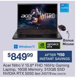 BJ’s Acer Nitro V 15.6 FHD 165Hz Gaming Laptop, 16GB Memory, 512GB SSD NVIDIA RTX 5050 offer