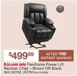 BJ’s Flexihome Power Lift Recliner Chair – Brown OR Black offer