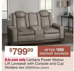 BJ’s Lantana Power Motion Lift Loveseat with Console and Cup Holders offer