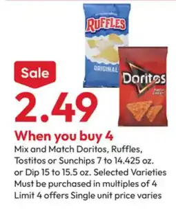 Stater Bros Ruffles, Tostitos or Sunchips 7 to 14.425 oz. or Dip 15 to 15.5 oz offer