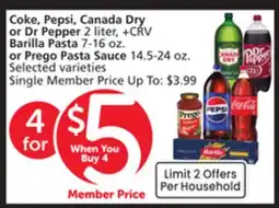 Vons Coke, Pepsi, Canada Dry or Dr Pepper 2 liter, Barilla Pasta 7-16 oz. or Prego Pasta Sauce 14.5-24 oz offer