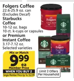 Albertsons Folgers Coffee, Starbucks Coffee, Instant Coffee offer