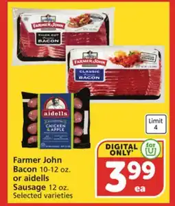 Albertsons Farmer John Bacon 10-12 oz. or aidells Sausage 12 oz offer