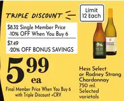Pavilions Hess Select or Rodney Strong Chardonnay offer