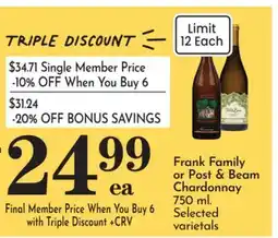 Pavilions Frank Family or Post & Beam Chardonnay offer