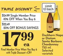 Pavilions Duckhorn Napa or Diatom Santa Barbara Chardonnay offer