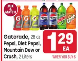Tony’s Fresh Market Gatorade, 28 oz Pepsi, Diet Pepsi, Mountain Dew or Crush, 2 Liters offer