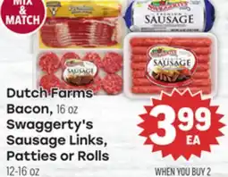 Tony’s Fresh Market Dutch Farms Bacon, 16 OZ Swaggerty's Sausage Links, Patties or Rolls 12-16 oz offer