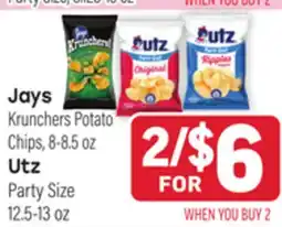 Tony’s Fresh Market Jays Krunchers Potato Chips, 8-8.5 oz Utz Party Size, 12.5-13 oz offer