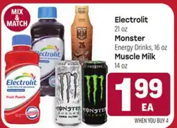 Tony’s Fresh Market Electrolit 21oz Monster Energy Drinks, 16 oz Muscle Milk 14 oz offer