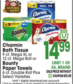 Jewel-Osco Charmin Bath Tissue 9 ct. Mega XL or 12 ct. Mega Roll or Bounty Paper Towels 6 ct. Double Roll Plus offer