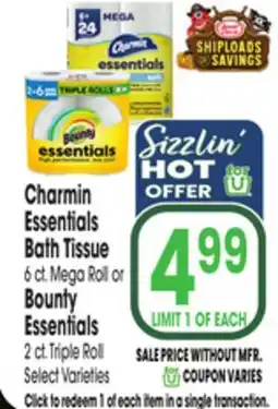 Jewel-Osco Charmin Essentials Bath Tissue 6 ct. Mega Roll or Bounty Essentials 2 ct. Triple Roll offer