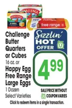 Jewel-Osco Challenge Butter Quarters or Cubes, 16 oz. or Happy Egg Free Range Large Eggs, 1 Dozen offer