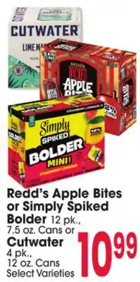 Jewel-Osco Redd's Apple Bites or Simply Spiked Bolder 12 pk., 7.5 oz. Cans or Cutwater 4 pk., 12 oz. Cans offer