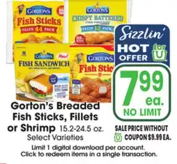 Jewel-Osco Gorton's Breaded Fish Sticks, Fillets or Shrimp offer