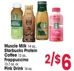 Jewel-Osco Muscle Milk 14 oz., Starbucks Protein Coffee 12 oz., Frappuccino 13.7 oz. or Pink Drink 14 oz offer