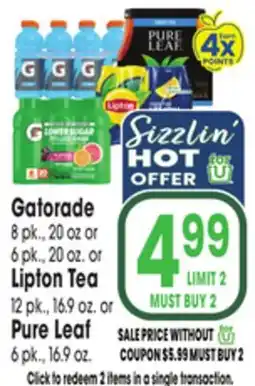 Jewel-Osco Gatorade 8 pk., 20 oz or 6 pk., 20 oz. or Lipton Tea 12 pk., 16.9 oz. or Pure Leaf 6 pk., 16.9 oz offer
