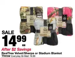 Bi-Mart RealTree Velvet/Sherpa or Stadium Blanket Throw offer